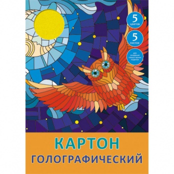 Картон цв. голографич.. А4 5цв/5л. "Сова и луна" 200*280 в папке ЦКГ 55379