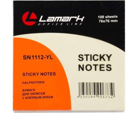 Бумага с клеев. краем 76*76мм 100л. желтый пастель "Lamark" SN1112-YL