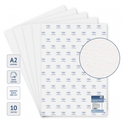 Бумага для акварели Студия" А2, 300г/м2, 100% хлопок, к/з, 1лист