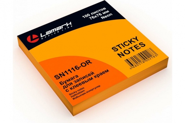 Бумага с клеев. краем 76*76мм 100л. оранжевая неон. "Lamark"  SN1116-OR
