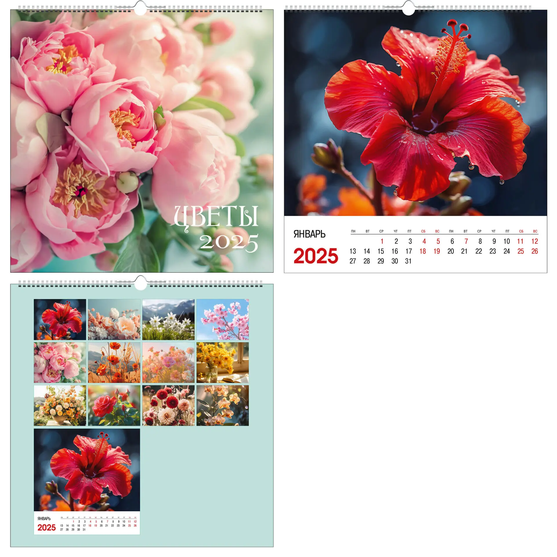 Календарь на 2025г. "Цветы" 320*320мм, на скрепке  КПКС2511
