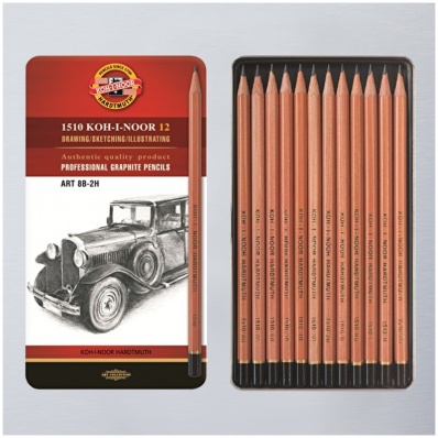 Набор карандашей ч/г Koh-I-Noor "1512" 12шт., 8B-2H, метал. пенал, с неокрашенным корпусом