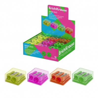 Точилка 2отв. Base Duo, Neon с контейн. пластик. ассорти  ЕК 60080