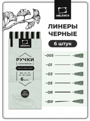 Набор капиллярных ручек линеров Малевичъ, 6шт  (005, 01, 03, 05, 08, кисть)