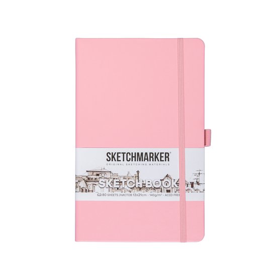 Скетчбук 13x21см Sketchmarker, розовый, 140 г/м2, 80 л, жесткая обложка с резинкой